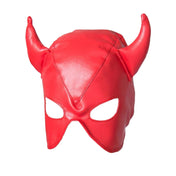 Leather vegan-leather faux-leather accessories mask hood half-mask horns flexible anatomical laceup lace-up hair-shield soft sexy naughty devilish horny fetish fashion alt-fashion bdsm bondage bdsm-gear bdsm-fashion kink kinky kinky-play costume cosplay halloween devil demon succubus unisex mens womens red