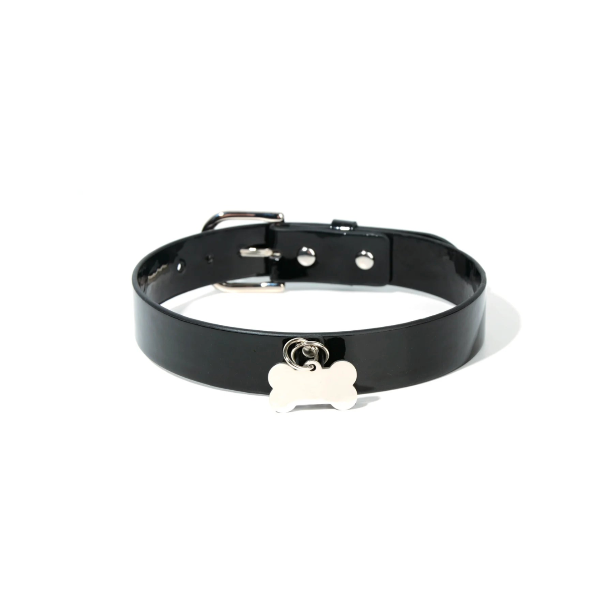 Black dog collar with metal bone pendant, adjustable pet play collar, stylish fetish collar, BDSM accessory.