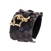 Premium leather Italian alligator gator reptile texture punch-through clasp charm manacles shackles arm gear accessories black gold