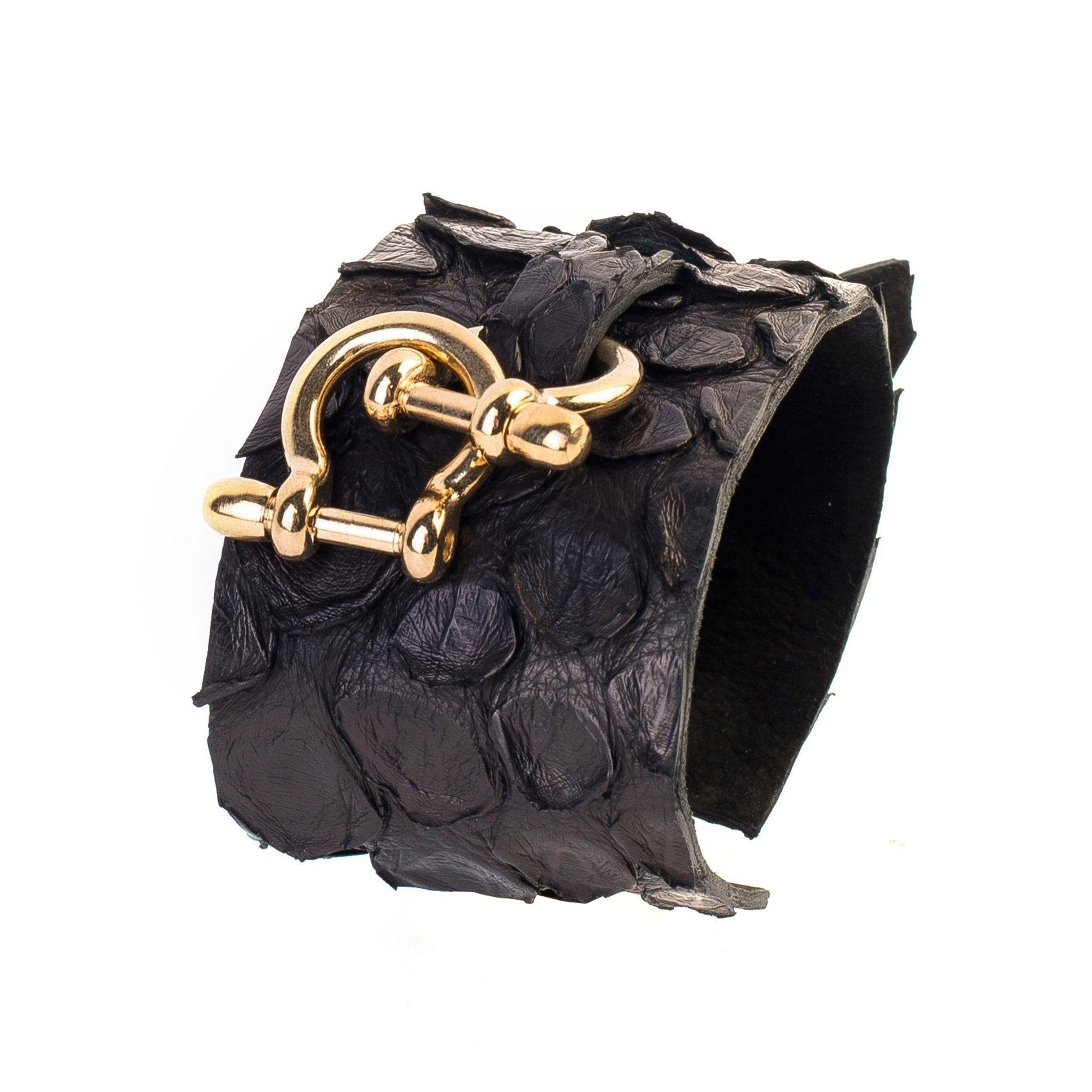 Premium leather Italian alligator gator reptile texture punch-through clasp charm manacles shackles arm gear accessories black gold