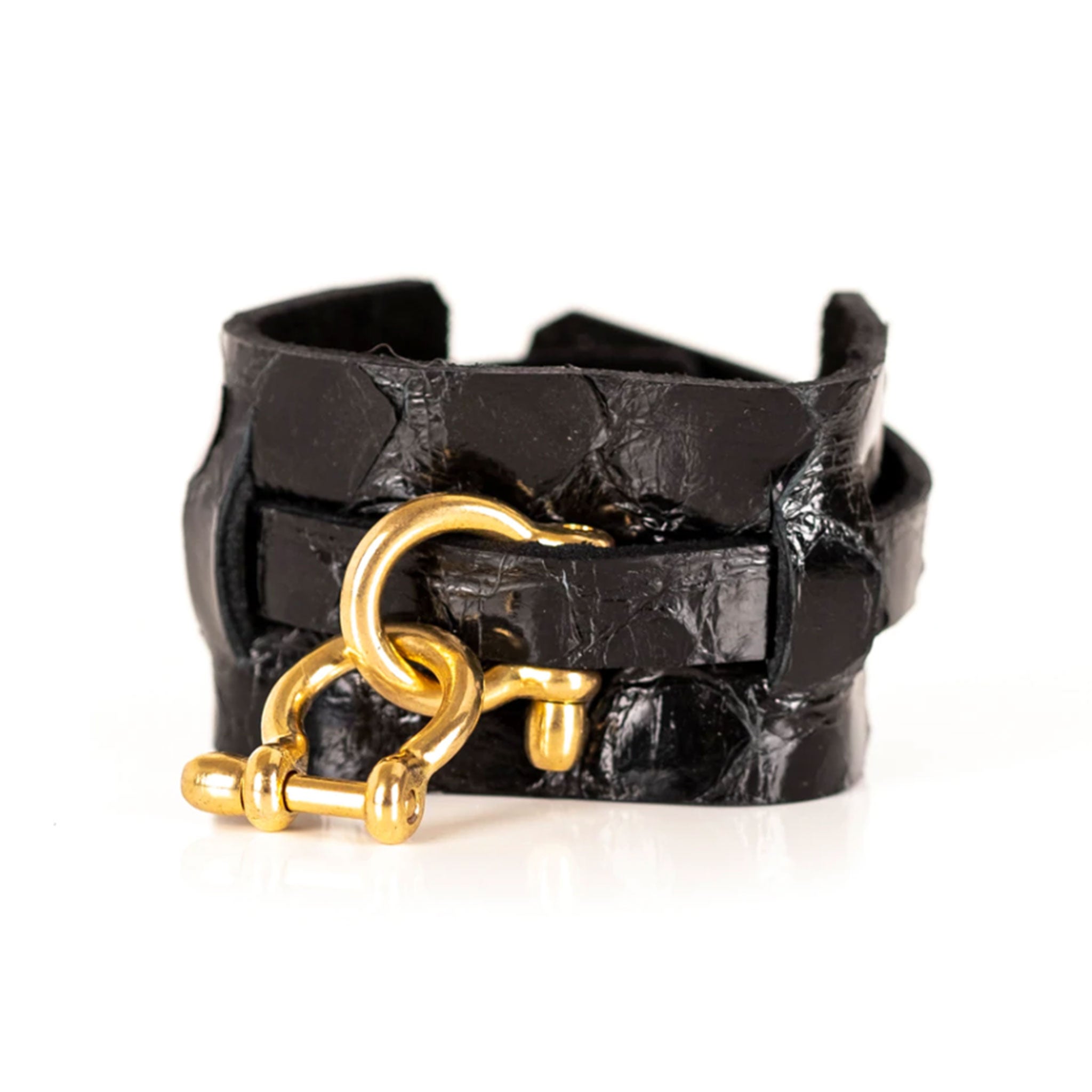 Premium leather Italian alligator gator reptile texture punch-through clasp charm manacles shackles arm gear accessories black gold