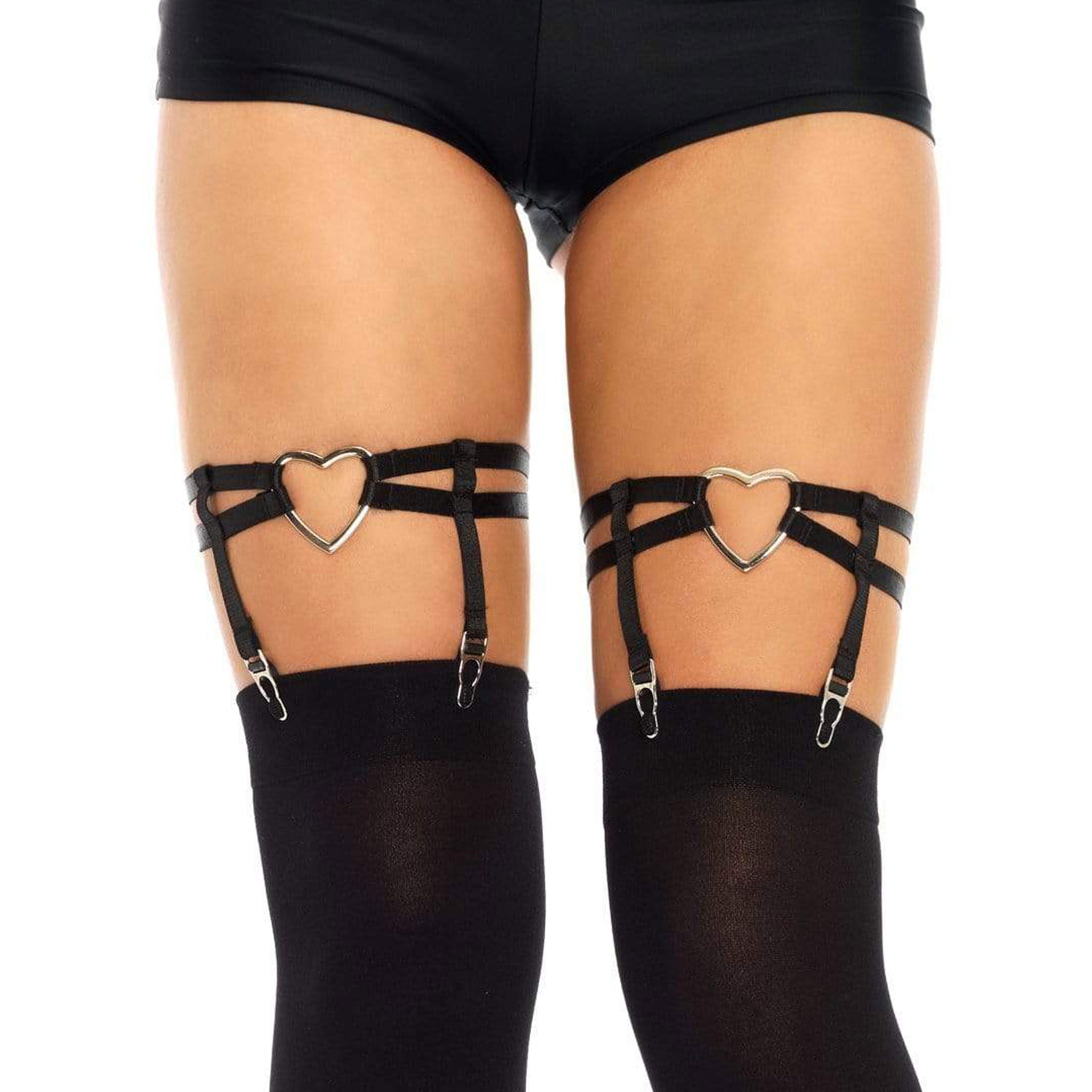 Elastic bands rubber polyester thigh high thigh-high thigh-hi garter suspender hearts double adjustable O-ring slide clips accessories rave rave festival costume cosplay female feminine femme women intimate lingerie black