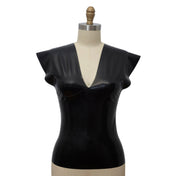 Latex natural sheeting top shirt drop-shoulder cap-sleeve bold shoulder exaggerated deep-v neckline v-back fetish fetishwear fetish-wear fashion edgy female femme feminine women black smoke smoky transparent