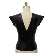 Latex natural sheeting top shirt drop-shoulder cap-sleeve bold shoulder exaggerated deep-v neckline v-back fetish fetishwear fetish-wear fashion edgy female femme feminine women black smoke smoky transparent