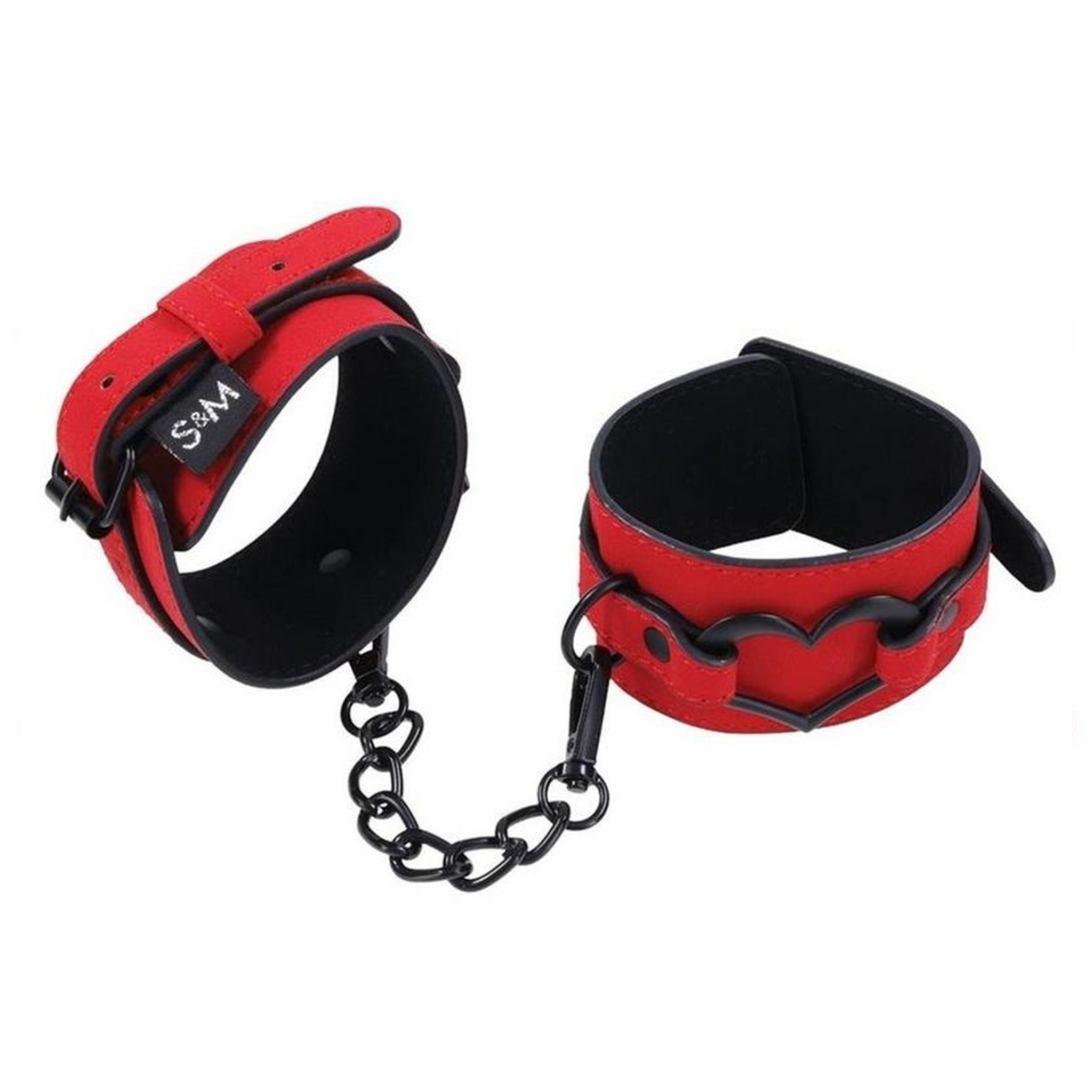 Red Wrist Cuffs with Black Heart & Chain Hardware