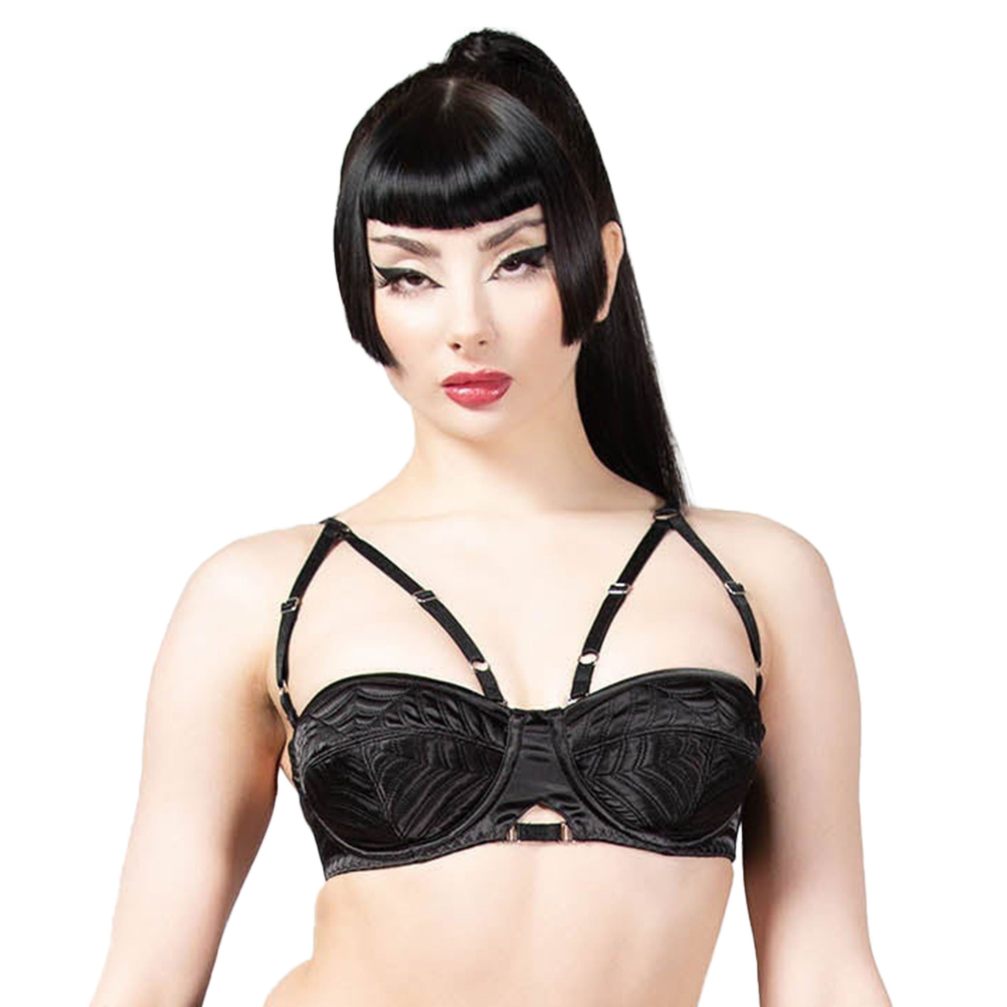 Polyester elastane satin intimates lingerie bra balcony embossed spiderweb underwire support fitted strappy adjustable straps spider spider-web black-widow goth gothic halloween pleasure comfortable sexy alluring female femme feminine women black