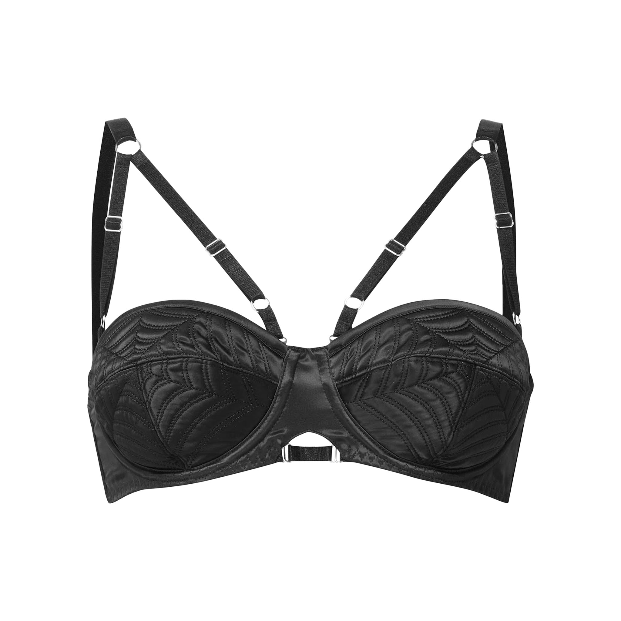 Polyester elastane satin intimates lingerie bra balcony embossed spiderweb underwire support fitted strappy adjustable straps spider spider-web black-widow goth gothic halloween pleasure comfortable sexy alluring female femme feminine women black