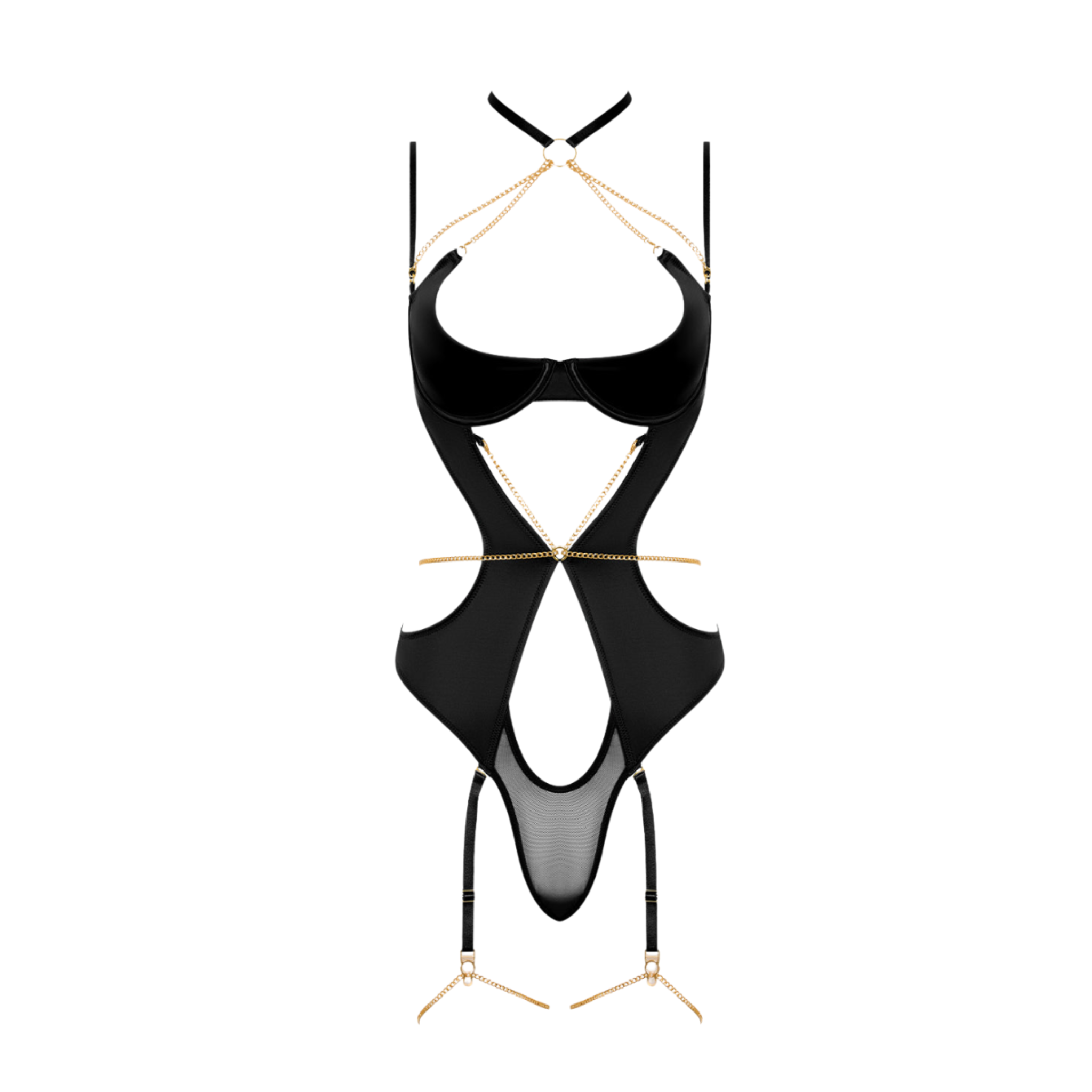 high-waisted cut-out teddy with dangling chains and satin finishl sexy fetish wear bold edgy intimate set fetish factory