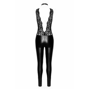 Deep-V Lace Top Wetlook Jumpsuit with Pearl Chain Collar