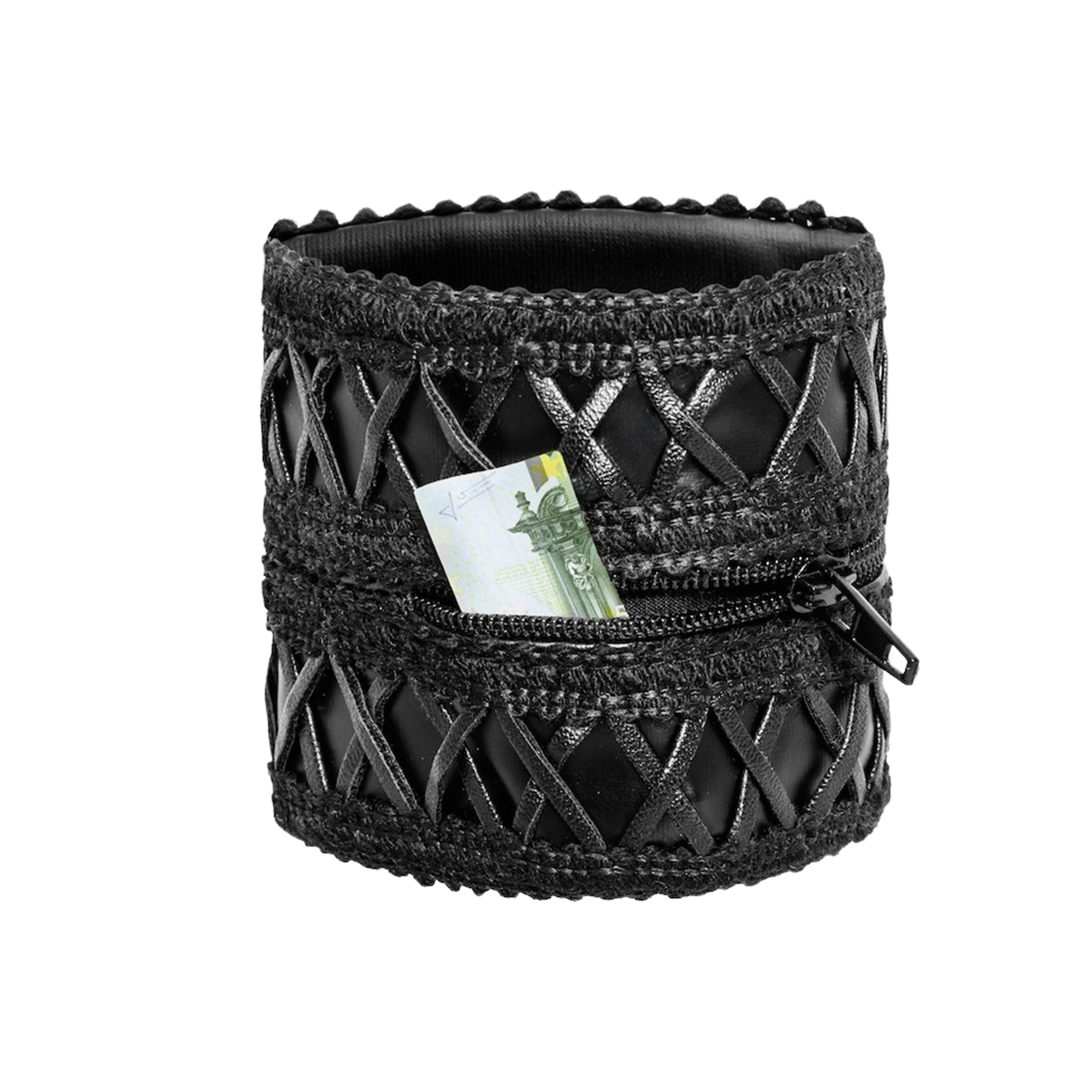 Criss Cross Wetlook Snap Zipper Wrist Wallet Cuff Black