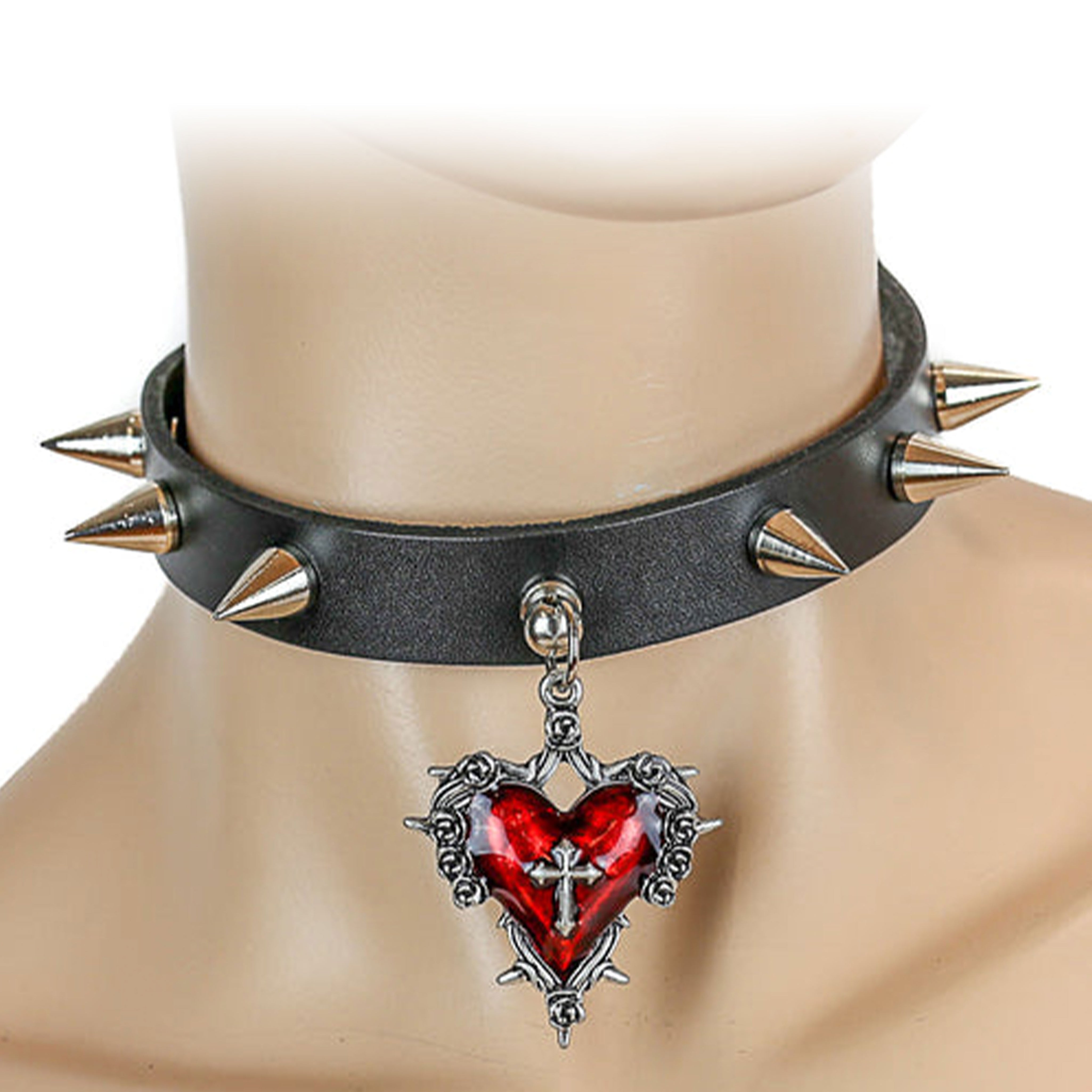 Red Puffy Heart & Roses Spiked Black Choker