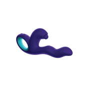 Purple triple-action rabbit vibrator, internal & external thumping, waterproof, rechargeable, ergonomic design.