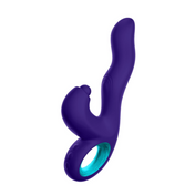 Purple triple-action rabbit vibrator, internal & external thumping, waterproof, rechargeable, ergonomic design.