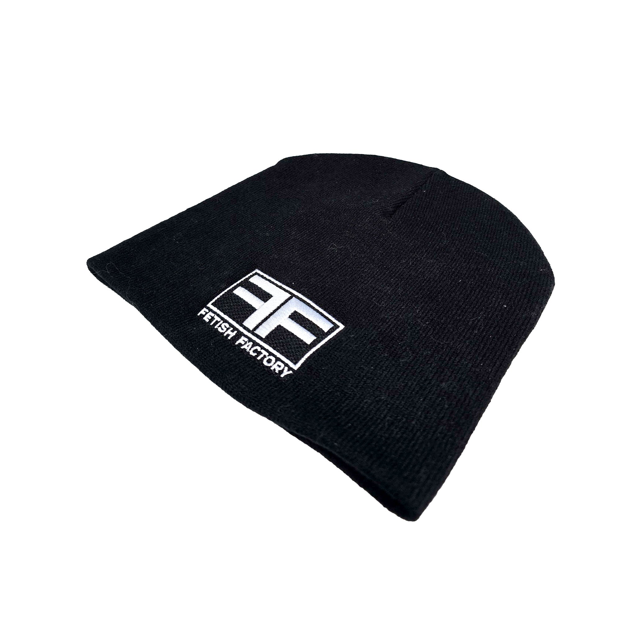 Acrylic knitted headgear head-hear head gear hat cap skull skull cap skullcap beanie stretchy FF-logo fetish-factory logo logo-gear embroidered accessories black