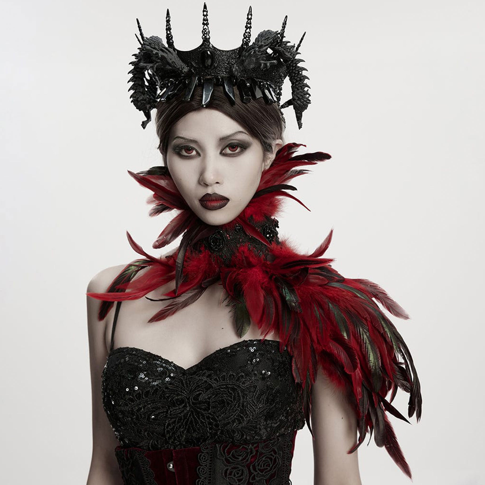 Feathers feathered dyed-feathers satin polyester polyamide lace acrylic-beads satin-ribbon accessories collar choker shoulder neckpiece neck-piece neck-collar neck-choker tie-on asymmetrical flowing cascade cascading elegance elegant theatrical allure alluring dramatic drama luxury luxurious soft standout striking fetish fashion alt-fashion goth gothic avant-garde unique costume cosplay fancy classy party natural animal bird black red