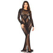 Nylon spandex dress lace net sheer long sleeve long-sleeve sleeved long-sleeved stretchy breathable pull-on pull-over bodycon see-through see-thru semi-transparent hourglass silhouette heart details keyhole black