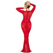 Nylon spandex dress lace net sheer long sleeve long-sleeve sleeved long-sleeved stretchy breathable pull-on pull-over bodycon see-through see-thru semi-transparent hourglass silhouette heart details keyhole red