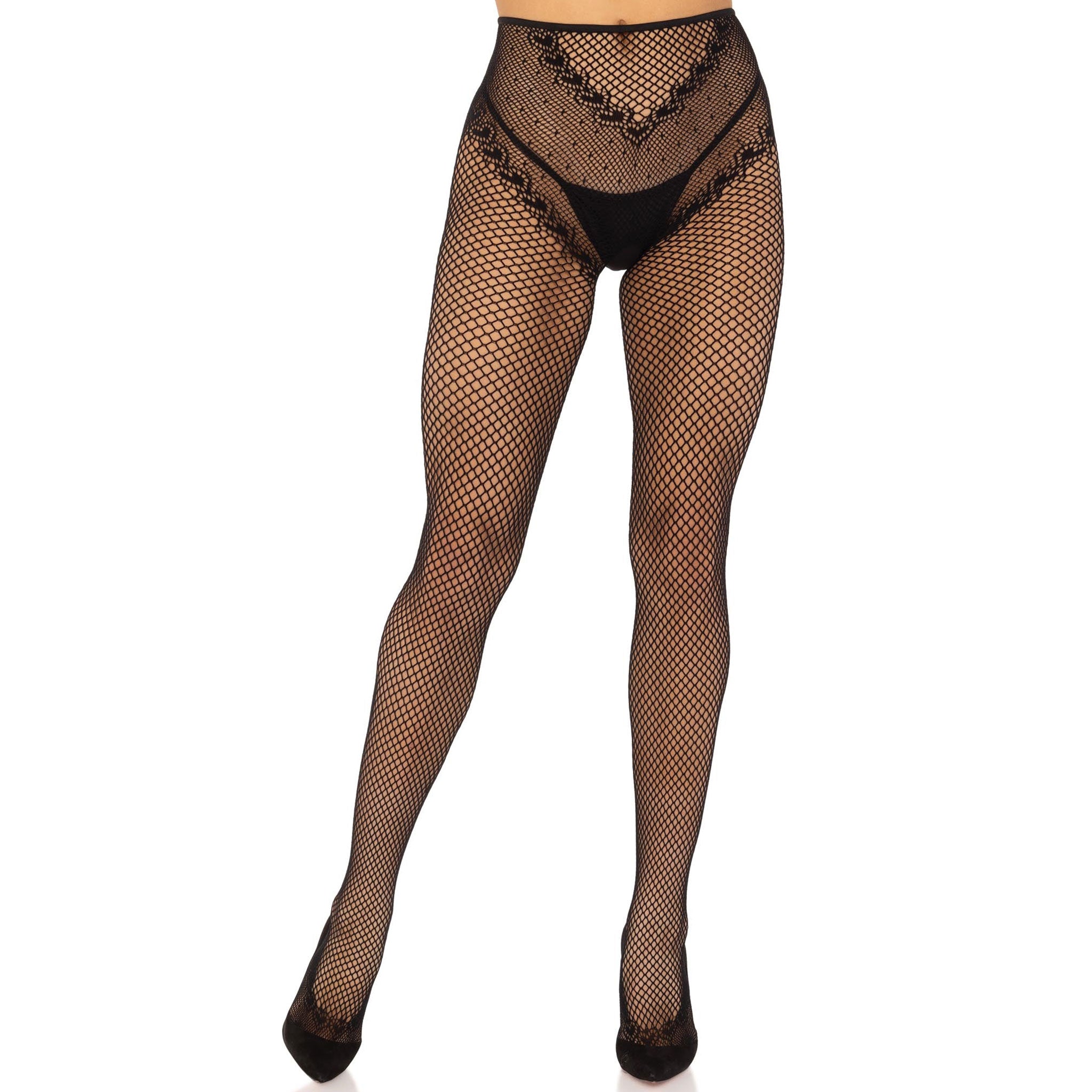 Nylon spandex elastane hosiery stocking tights pantyhose fishnet fish-net fish net french-cut crotchless open-back breathable stretchy lace feet faux lace-up groin backseam back-seam heart hearts valentines gift gifts intimates black