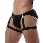 Black garter clip leg harness, adjustable elastic thigh strap with snap-button closure and universal clip attachment.