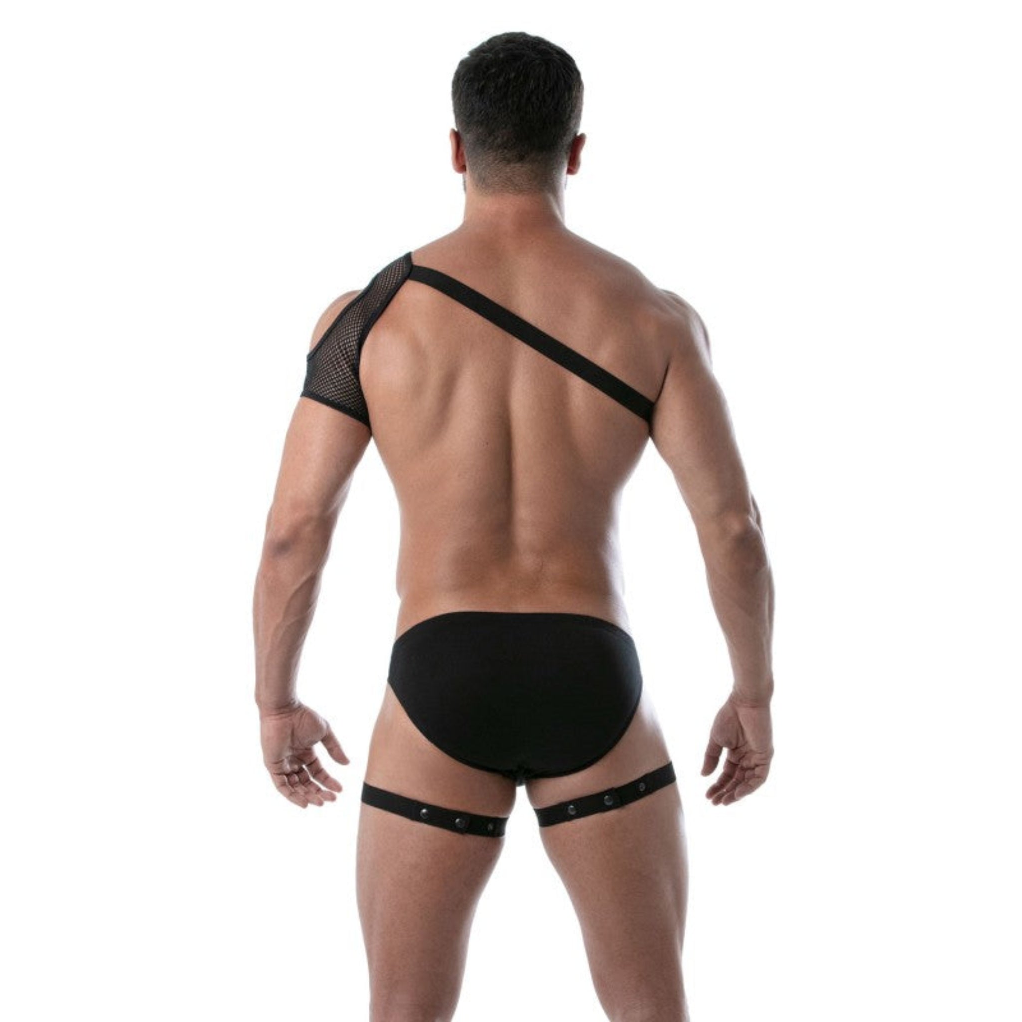 Black garter clip leg harness, adjustable elastic thigh strap with snap-button closure and universal clip attachment.