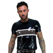 Latex rubber top shirt t-shirt tshirt shortsleeve short-sleeve sleeves sleeved pullon pull-on horizontal-panel horizontal-bar horizontal-stripes comfortable gasoline classic fetish fashion alt-fashion club clubwear male masculine masc mens menswear guys dudes black silver gray