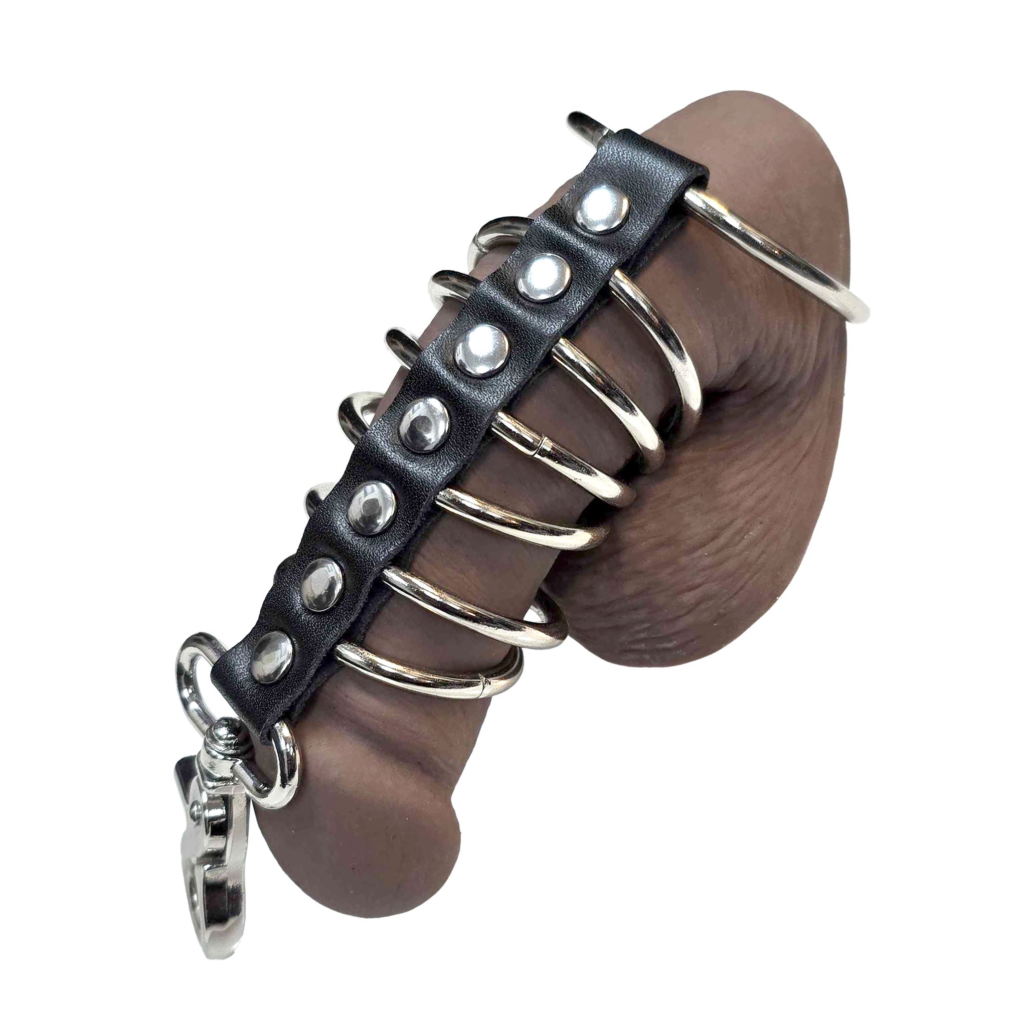 Leather genuine-leather nickel-plated steel cock cnb cbt cock-ring cock-cage penis gates gates-of-hell flexible confine confining leash detachable trigger-hook multi-ring fetish fashion alt-fashion bdsm bdsm-gear bondage masochism submission kink kinky kinky-play kinky-gear hell dante male masculine masc mens nonvibe non-vibe black silver