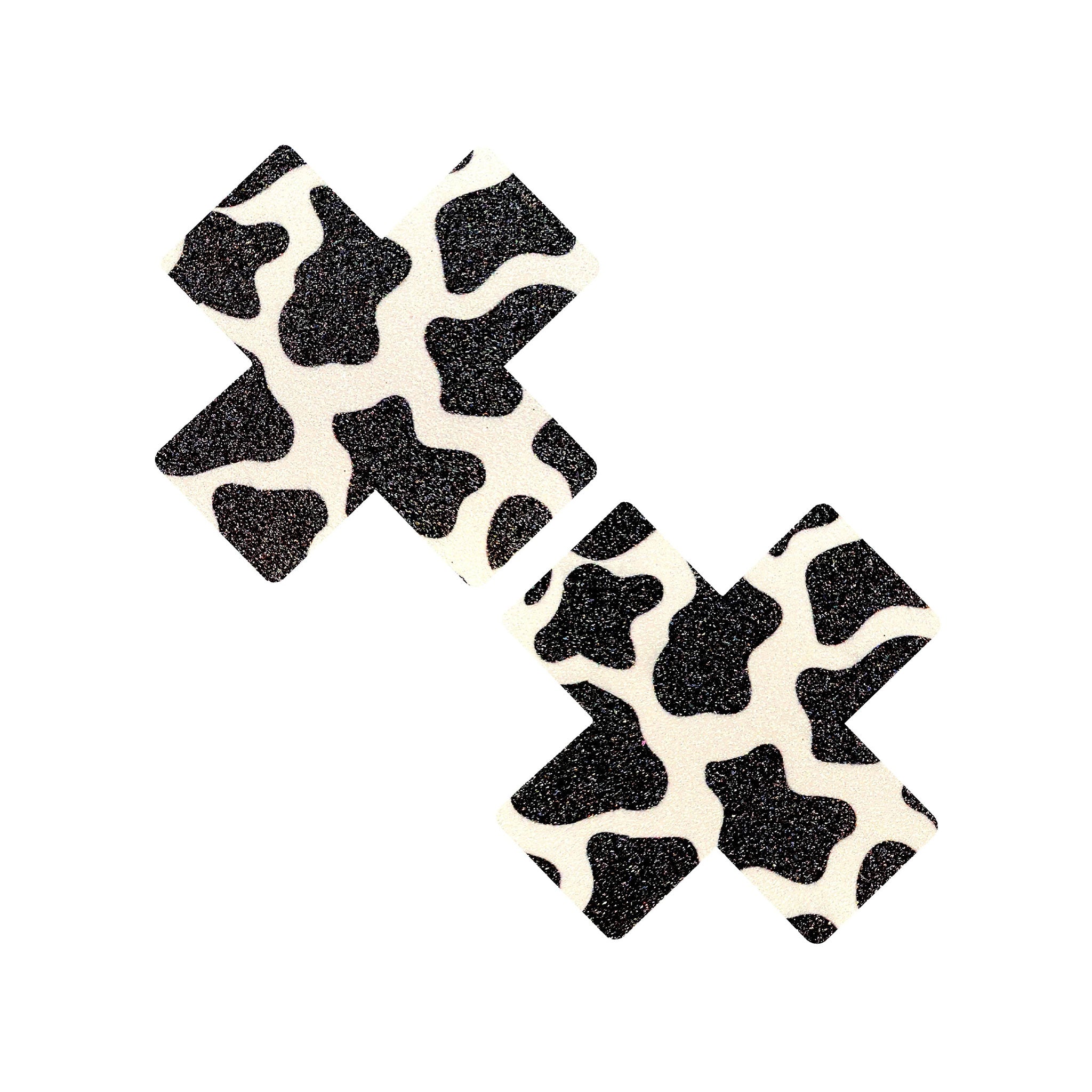 Adhesive medical-grade swimsuit-material self-adhesive glitter hypoallergenic latex-free accessories intimates pasties nipple-pasties nipple nipple-covers breast-covers breast-shields x-shaped fetish fashion alt-fashion kink kinky farm-play animal-play pet-play cow cow-print cow-pattern udder milking milkers rave ravewear festival club clubbing clubwear costume cosplay halloween female femme feminine unisex black white