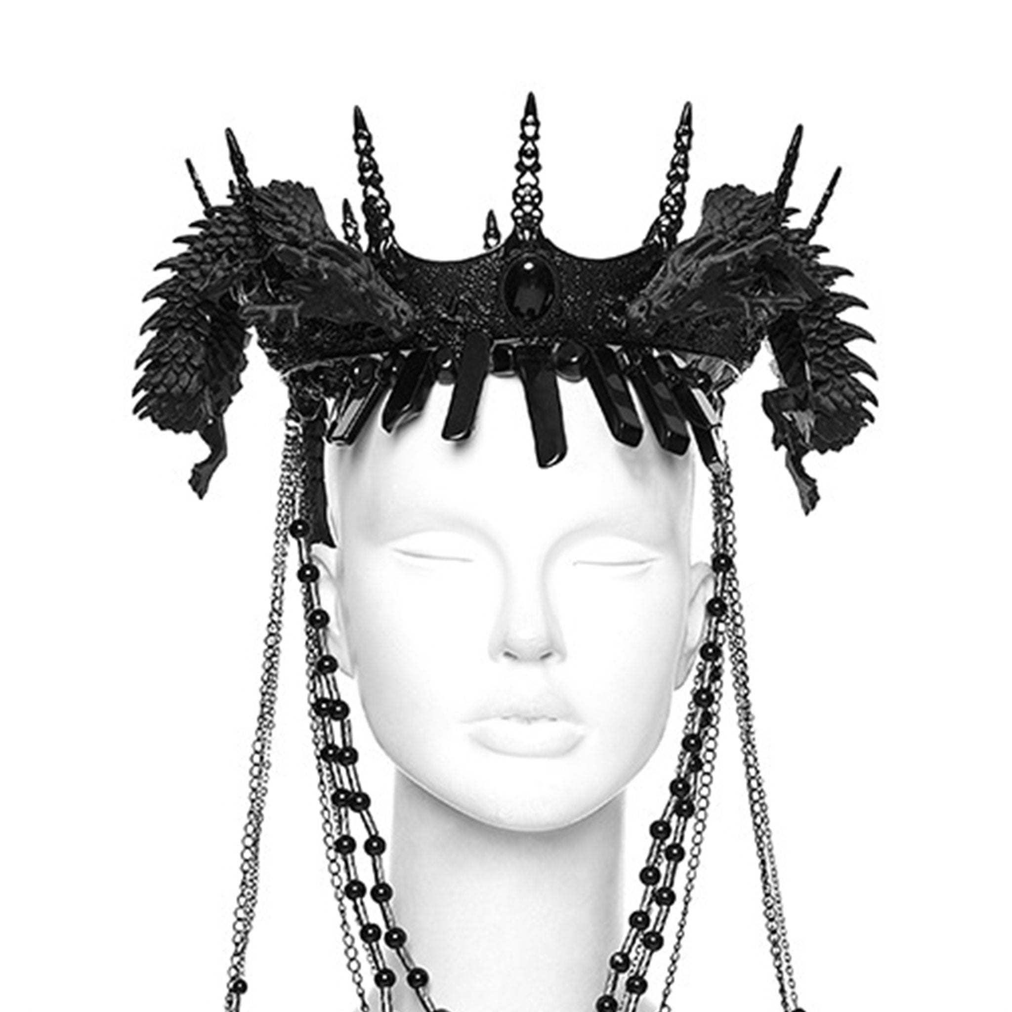 PLA polylactic-acid biodegradable bioplastic metallic-alloy iron plastic 3D-printed printed-plastic natural-stones stones accessories headgear crown removable-chains hanging-chains beaded-chain chain dragon asian-dragon snake-dragon coiled-dragon poseable ball-joints hinge-joints heterogeneous textured variable fetish fashion alt-fashion goth gothic costume cosplay halloween royalty nobility unisex black