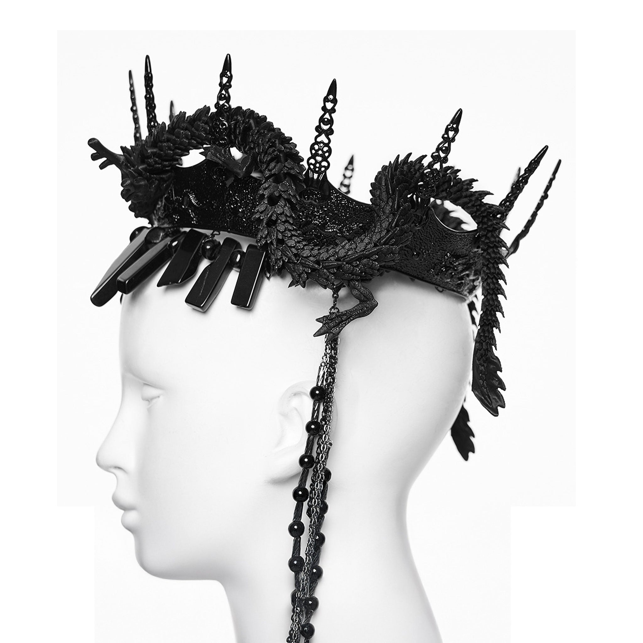 PLA polylactic-acid biodegradable bioplastic metallic-alloy iron plastic 3D-printed printed-plastic natural-stones stones accessories headgear crown removable-chains hanging-chains beaded-chain chain dragon asian-dragon snake-dragon coiled-dragon poseable ball-joints hinge-joints heterogeneous textured variable fetish fashion alt-fashion goth gothic costume cosplay halloween royalty nobility unisex black