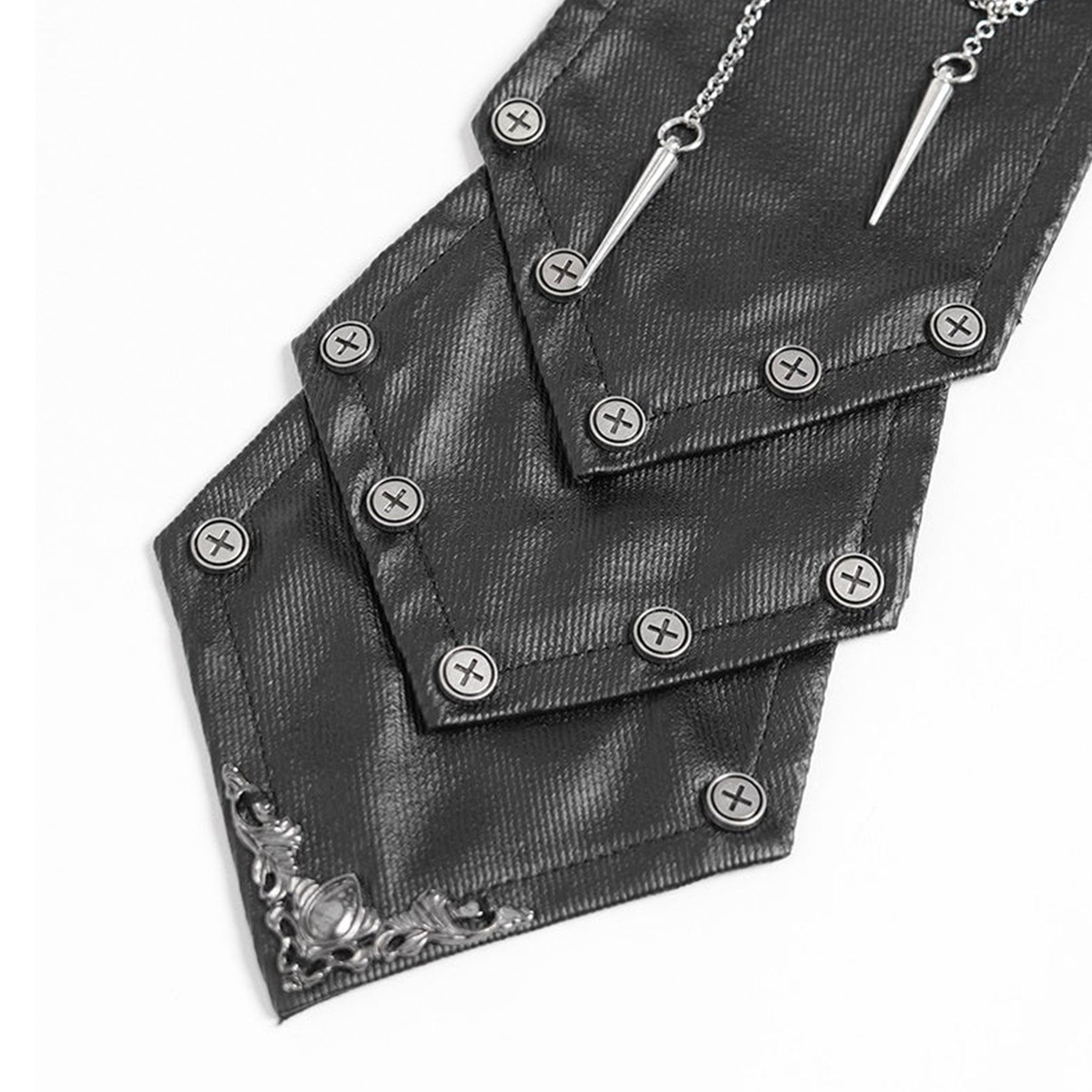 Cotton viscose leather faux-leather herringbone accessories collar choker double-layer dual-layer tie necktie O-ring D-ring spike spikes spiked chainmail chain spiderweb spider-web adjustable buckle rivets dangling silver-bars bold dark dramatic intense rebellion rebellious elegant elegance intricate mystery mysterious seduction seductive post-apocalyptic fetish fashion alt-fashion costume cosplay halloween military cyberpunk punk goth gothic grunge underground eerie black silver