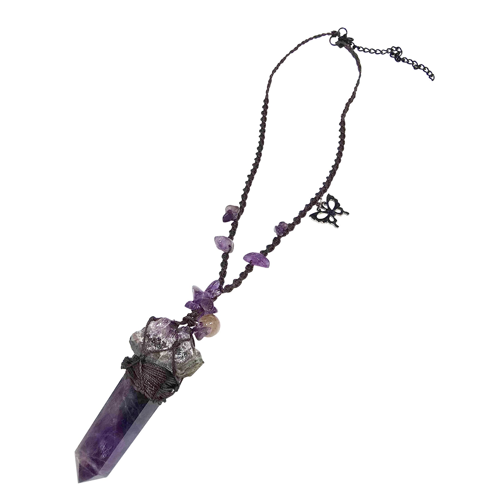 Crystal polyester plastic metallic-alloy accessories jewelry natural-jewelry stone-jewelry necklace polished-gemstones polished-amethyst gemstone-necklace crystal-necklace crystal-pendant woven-thread woven-strand woven crystal-beads butterfly butterfly-charm fashion alt-fashion boho hippie hippy goth gothic casual female femme feminine womens purple violet amethyst