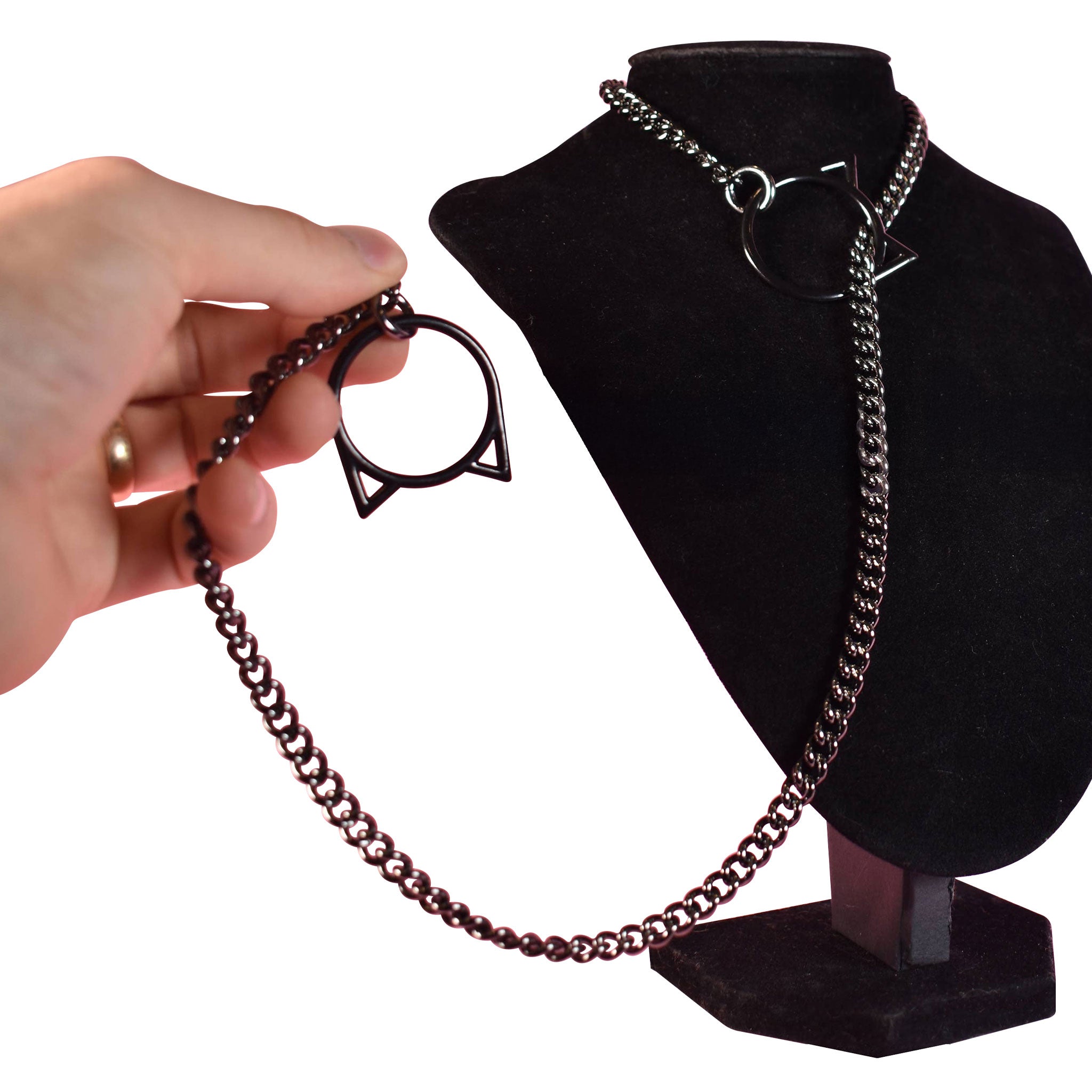 Stainless-steel chain accessories jewelry necklace collar choker choke-chain jump-chain slip-chain jump-ring cat-shaped kitty-shaped kitty-cat meow tugging pulling tugproof tug-proof fetish fashion bdsm bondage domination submission bdsm-play pet-play kitty cat kitten control bedroom gunmetal black