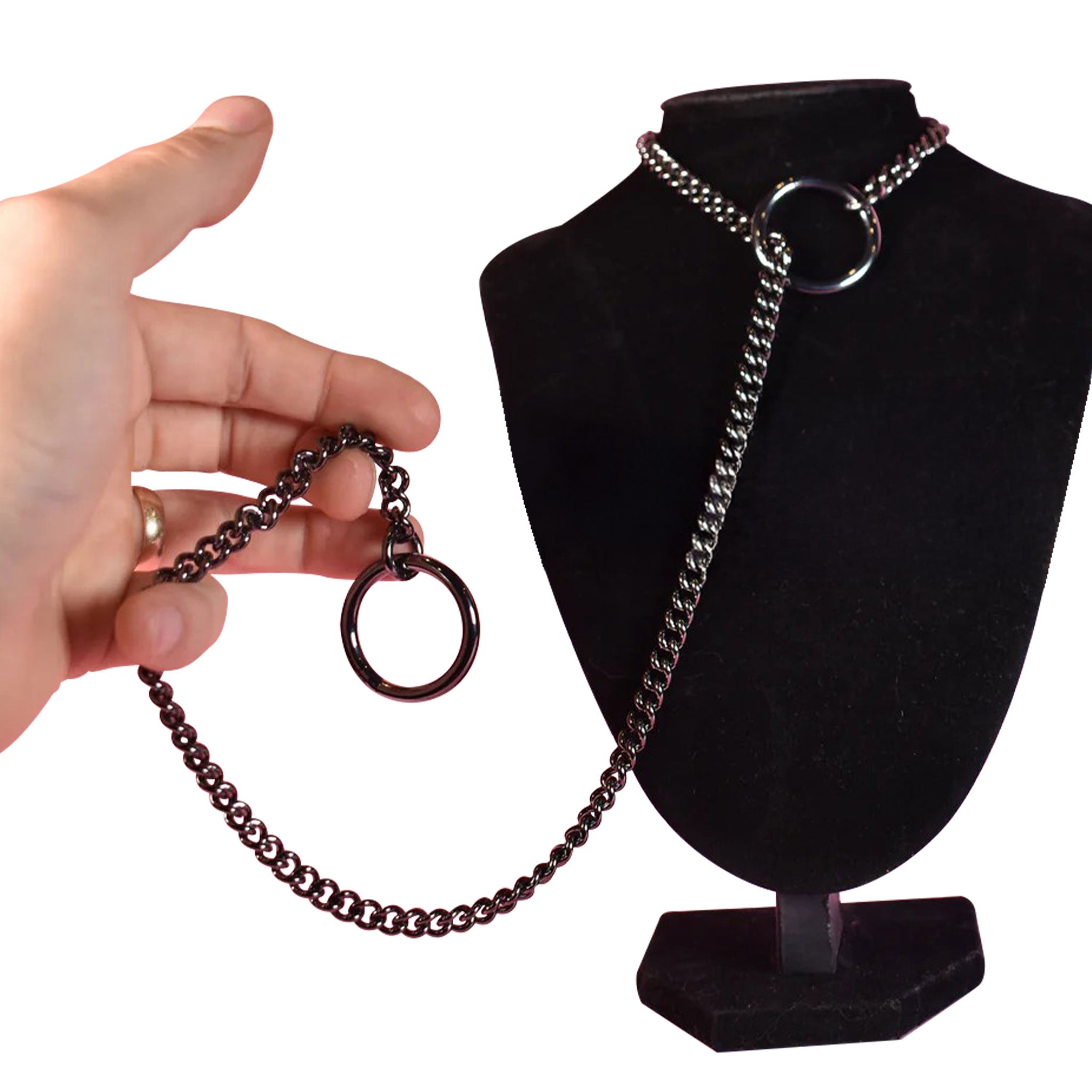 Stainless-steel chain accessories jewelry necklace super-thick resistant collar choker choke-chain jump-rings pull-chain slip-chain jump-rings tugging pulling pet-play pup-play fetish fashion alt-fashion bdsm bdsm-play kink kinky kinky-play bedroom control gunmetal