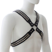 PVC vinyl vegan-leather accessories tops harness chest-harness adjustable buckle O-ring halford rob-halford judas-priest x-cross studs studded pyramid-studs adjustable buckle classic fetish fashion alt-fashion bdsm bdsm-gear bondage rave ravewear festival festivalwear club clubwear party gay unisex pride black