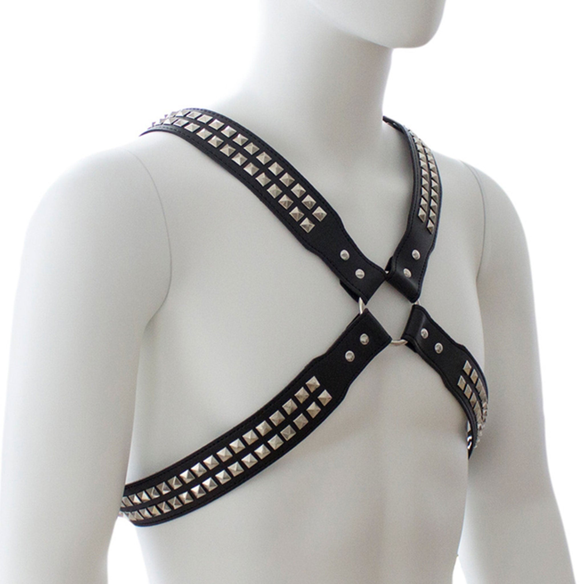 PVC vinyl vegan-leather accessories tops harness chest-harness adjustable buckle O-ring halford rob-halford judas-priest x-cross studs studded pyramid-studs adjustable buckle classic fetish fashion alt-fashion bdsm bdsm-gear bondage rave ravewear festival festivalwear club clubwear party gay unisex pride black
