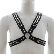 PVC vinyl vegan-leather accessories tops harness chest-harness adjustable buckle O-ring halford rob-halford judas-priest x-cross studs studded pyramid-studs adjustable buckle classic fetish fashion alt-fashion bdsm bdsm-gear bondage rave ravewear festival festivalwear club clubwear party gay unisex pride black
