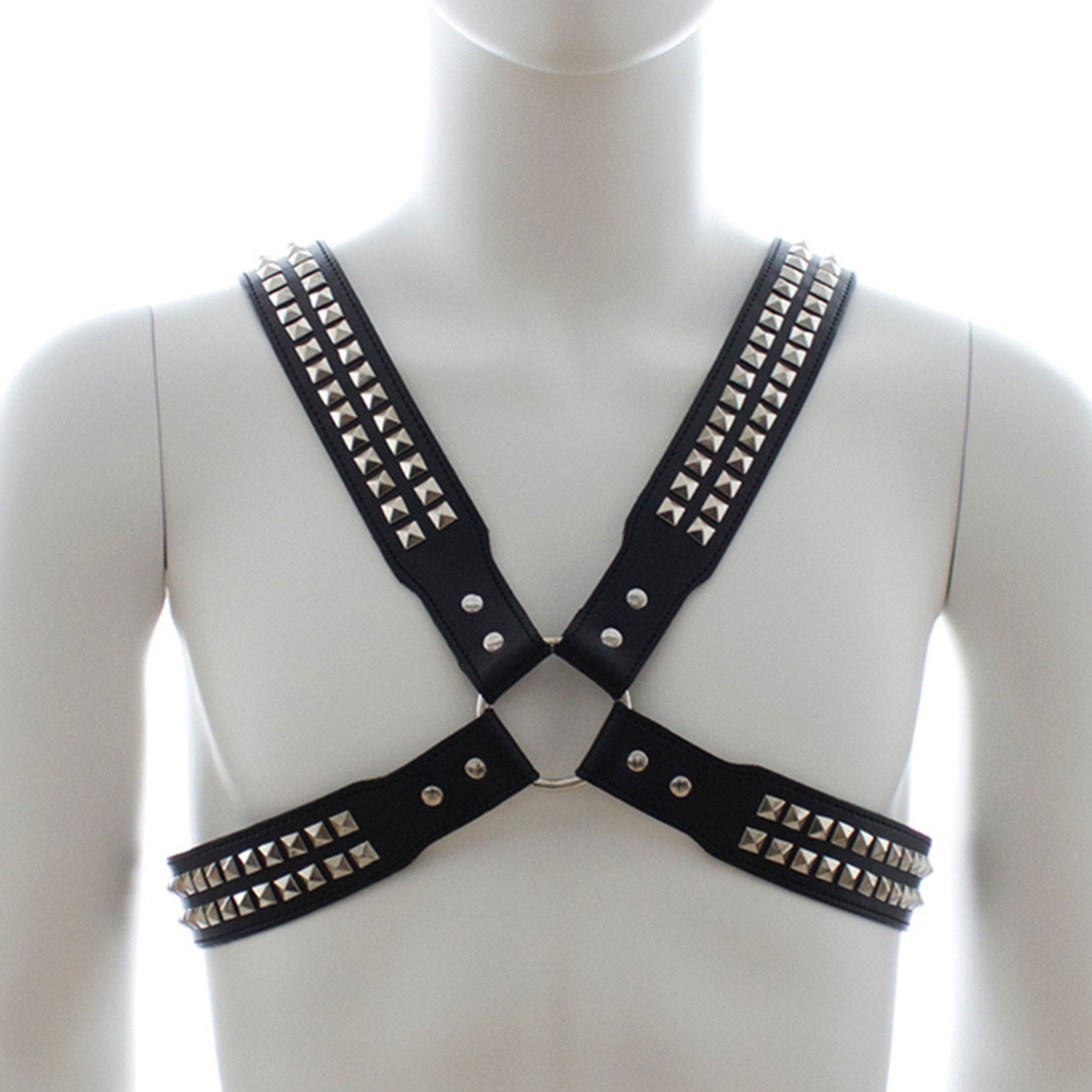 PVC vinyl vegan-leather accessories tops harness chest-harness adjustable buckle O-ring halford rob-halford judas-priest x-cross studs studded pyramid-studs adjustable buckle classic fetish fashion alt-fashion bdsm bdsm-gear bondage rave ravewear festival festivalwear club clubwear party gay unisex pride black