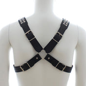 PVC vinyl vegan-leather accessories tops harness chest-harness adjustable buckle O-ring halford rob-halford judas-priest x-cross studs studded pyramid-studs adjustable buckle classic fetish fashion alt-fashion bdsm bdsm-gear bondage rave ravewear festival festivalwear club clubwear party gay unisex pride black