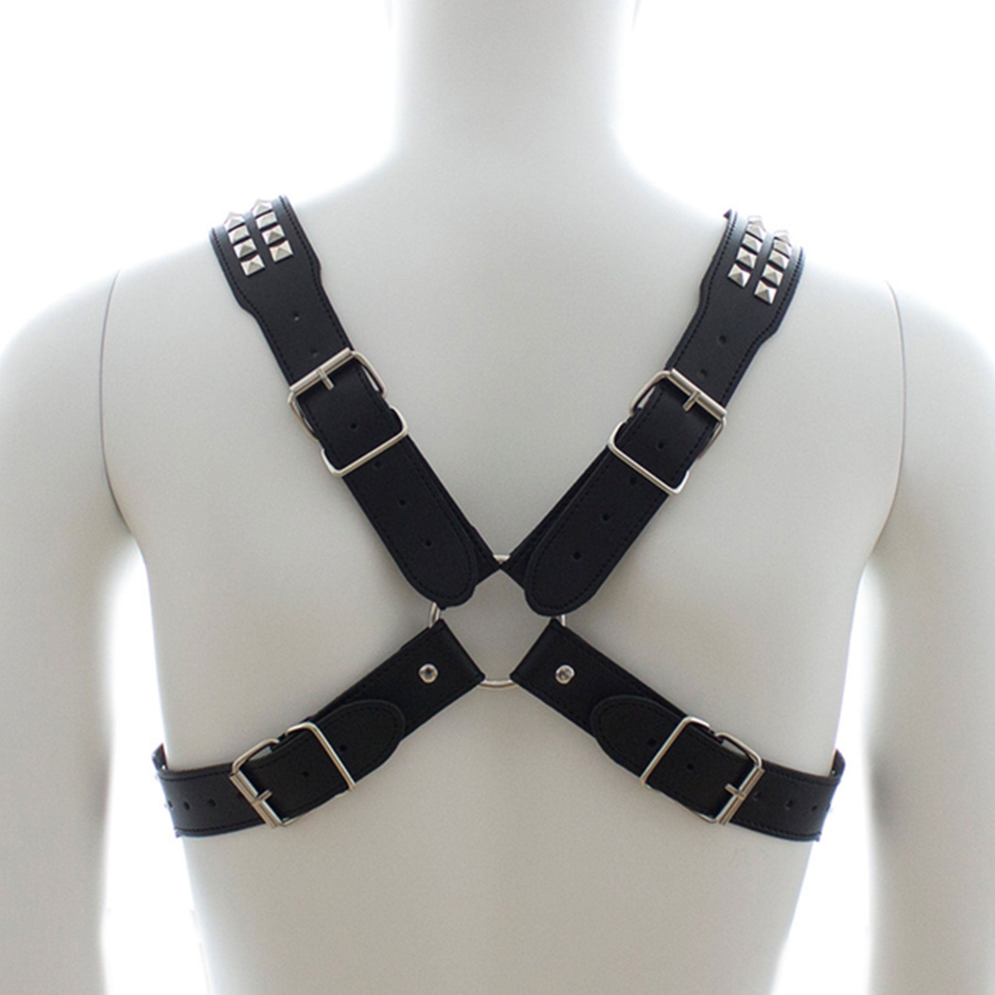 PVC vinyl vegan-leather accessories tops harness chest-harness adjustable buckle O-ring halford rob-halford judas-priest x-cross studs studded pyramid-studs adjustable buckle classic fetish fashion alt-fashion bdsm bdsm-gear bondage rave ravewear festival festivalwear club clubwear party gay unisex pride black