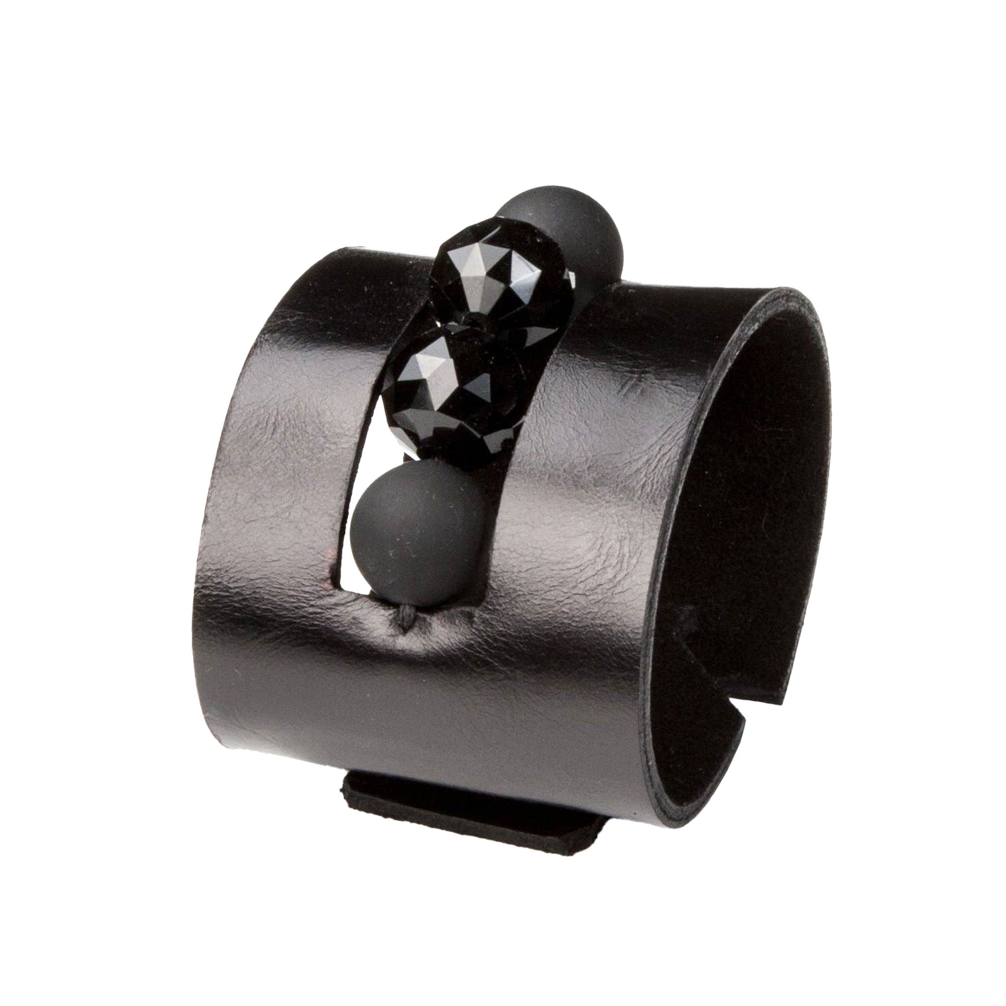 Premium leather wrist cuff embedded beads beaded clasp punch-through luxury contemporary chic modern fashion alt-fashion arm gear accessories black