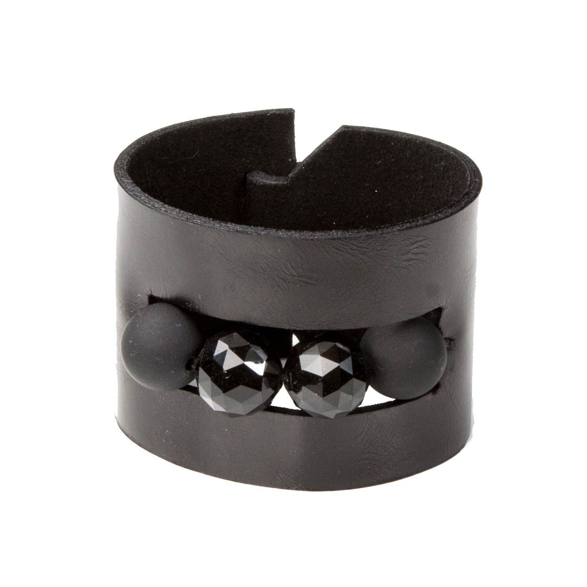 Premium leather wrist cuff embedded beads beaded clasp punch-through luxury contemporary chic modern fashion alt-fashion arm gear accessories black