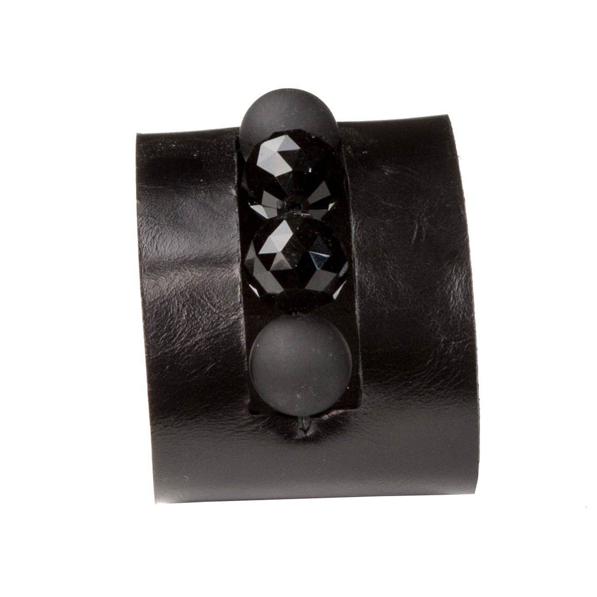 Premium leather wrist cuff embedded beads beaded clasp punch-through luxury contemporary chic modern fashion alt-fashion arm gear accessories black