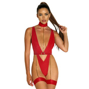 PVC vinyl intimates lingerie teddy bodysuit one-piece v-plunge plunging v-neckline chain garters garter-stays thong-back thong collar shoulder-straps adjustable sultry edgy female femme feminine women red