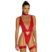 PVC vinyl intimates lingerie teddy bodysuit one-piece v-plunge plunging v-neckline chain garters garter-stays thong-back thong collar shoulder-straps adjustable sultry edgy female femme feminine women red