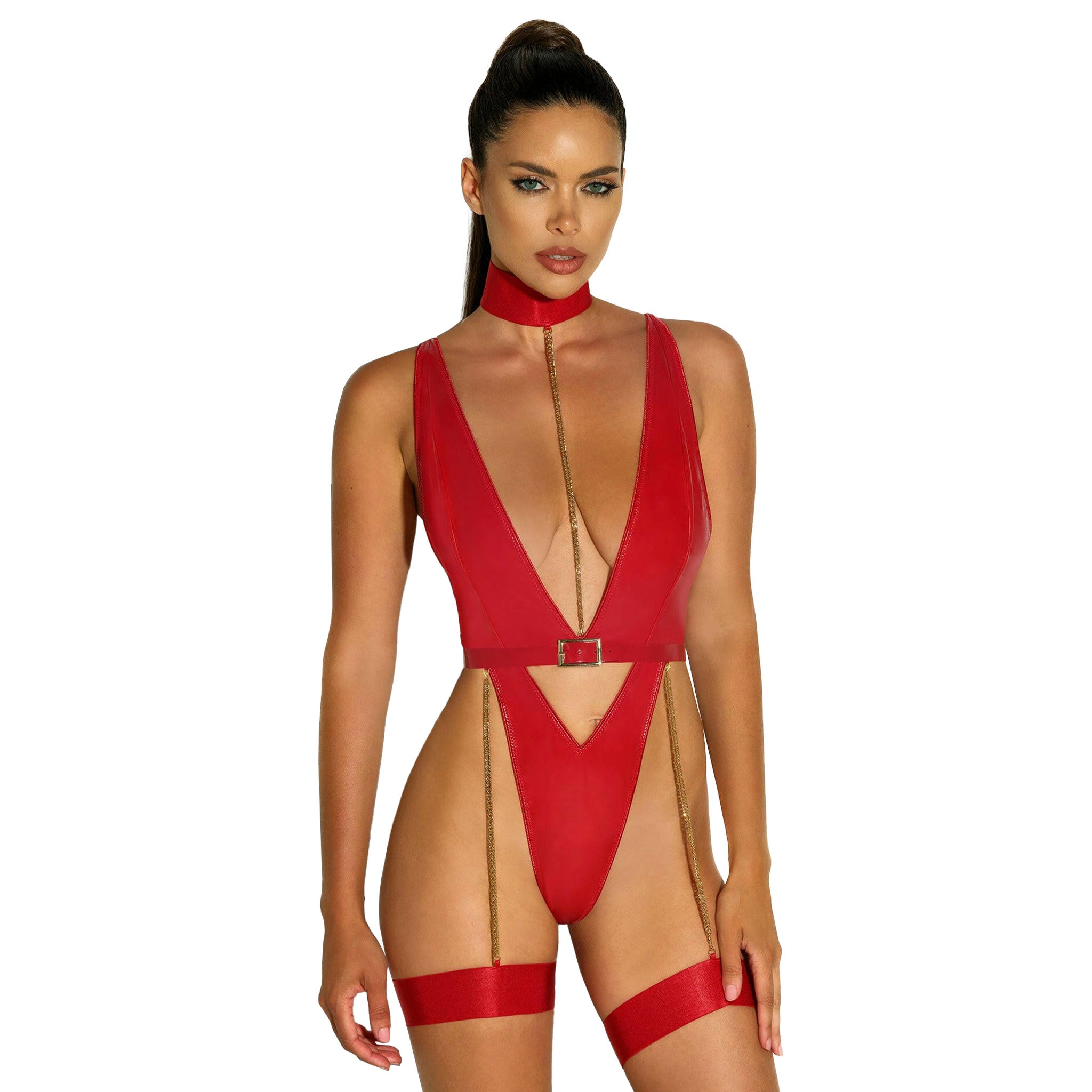 PVC vinyl intimates lingerie teddy bodysuit one-piece v-plunge plunging v-neckline chain garters garter-stays thong-back thong collar shoulder-straps adjustable sultry edgy female femme feminine women red