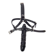Leather genuine harness head dildo dong rubber realistic gag mouth muzzle strap-on strapon adjustable buckle overhead neck studs studded locking lockable O-ring bondage bdsm bdsm-gear kink kinky kinky-play adult-toys sex-toys black