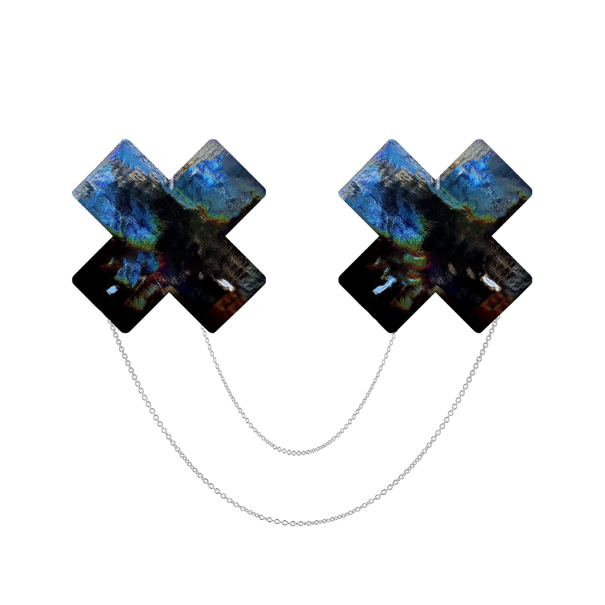 PVC vinyl nipple pasties breast covers shields petals x-shaped holographic chains hanging linked nipztix stick-on stickon hypoallergenic latex-free accessories costume cosplay alt-fashion fetish-fashion fashion fetish bdsm-fashion bdsm halloween rave festival black