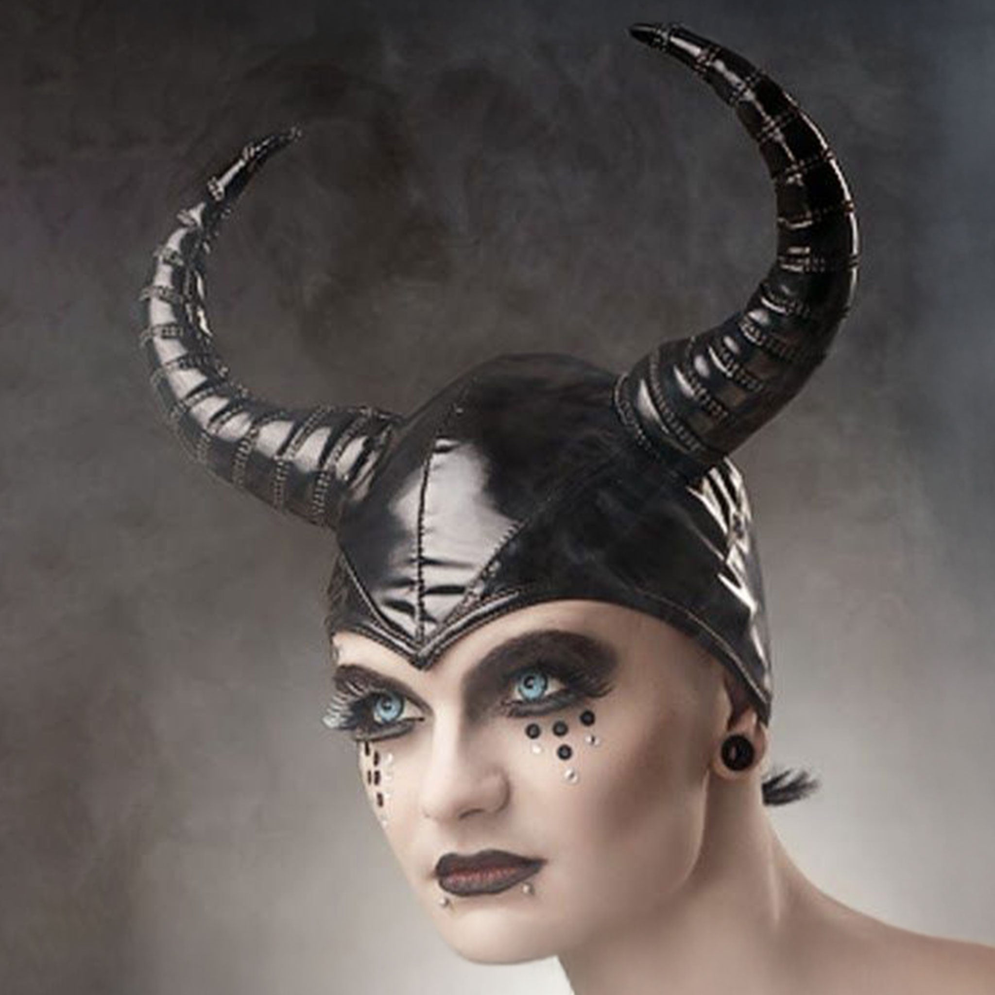 PVC vinyl glossy hat skullcap horns horned horny ribbed pet-play ears cosplay costume halloween devil accessories black