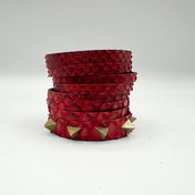 Red Snake-Textured Leather Cuff & Gold Spike Studs