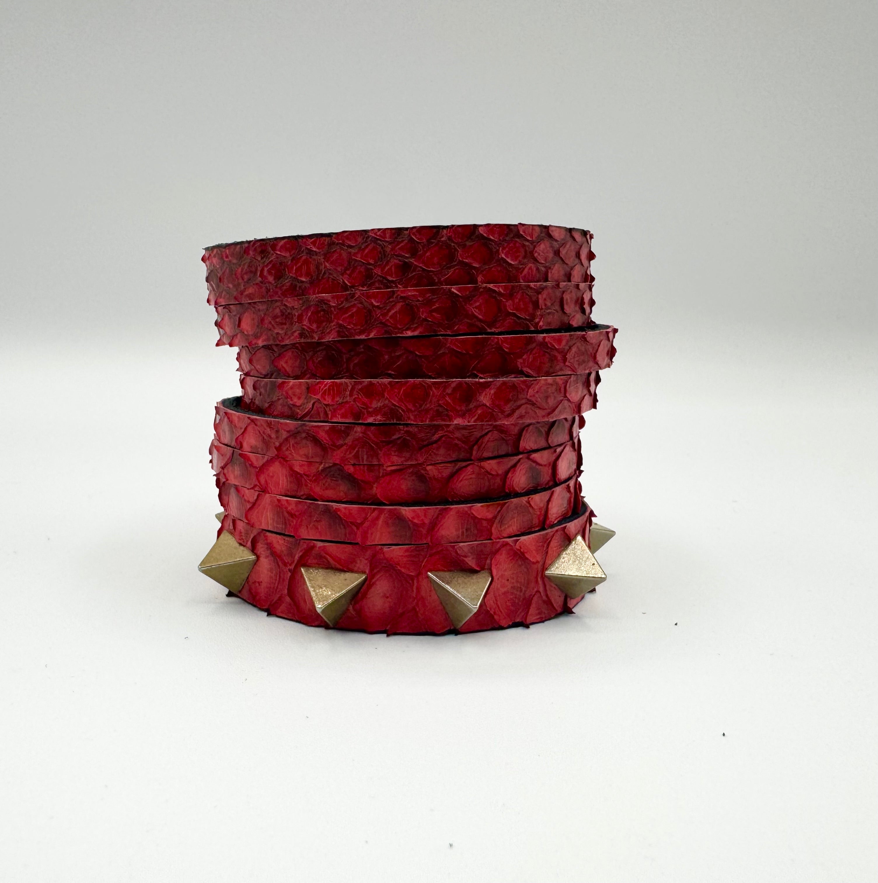 Red Snake-Textured Leather Cuff & Gold Spike Studs